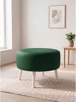 Kayser Home Büyük Yuvarlak Deri Puf - 60 cm Ahşap Beyaz Ayaklı Salon ve Orta Sehpa Pufu Yeşil