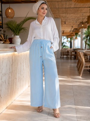 Esra Butik Kadın Müslin Kumaş Bol Paça Pantolon Beli Lastikli Cepli Yazlık Rahat Günlük Pantolon 36-44 Beden