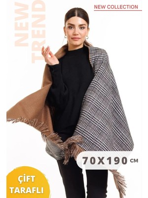 Meschain Meschaın Çift Taraflı Kahverengi Renk Ekoseli Yünlü Omuz Şalı 70X190CM Bağlanabilir Kışlık Kadın Atk