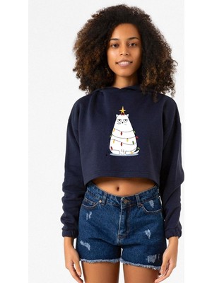 Tshirthane Grumpy Christmas Lacivert Kadın Crop Kapşonlu