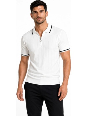 Marsilyan Erkek Fitilli Triko T-Shirt Polo Yaka Yarım Fermuarlı Kısa Kollu Tişört - Beyaz
