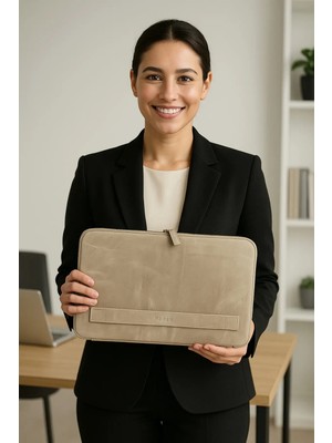 Meschain Meschaın Hakiki Deri Bej Macbook Air Pro 13 ve 13.3 Inç Laptop Kılıfı Zarif Tasarım
