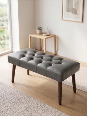 Kayser Home Modern Kapitoneli Gri Deri Kumaş Bench Puf Oturma Bankı Ahşap Ceviz Ayaklı Demonte 90X45