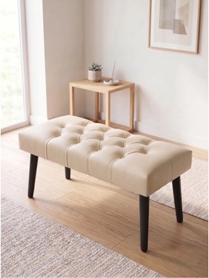Kayser Home Modern Kapitoneli Krem Deri Kumaş Bench Puf Oturma Bankı Ahşap Siyah Ayaklı Demonte 90X45
