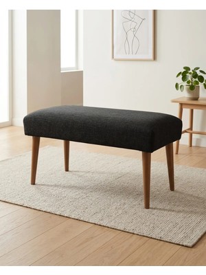 Kayser Home Koyu Gri Keten Kumaş Bench Puf 90X45X46 cm Ahşap Ceviz Ayaklı Demonte Modern Yatak Ucu Bench Oturma Bankı Antre Koridor Pufu