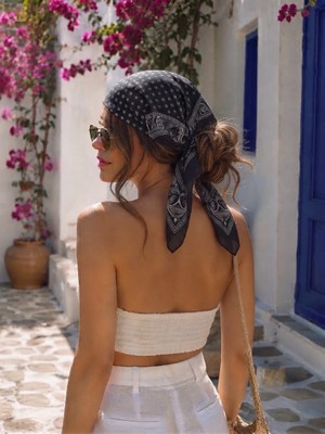 Revam Collection Siyah Retro Desenli Fular Bandana Şal 50X50