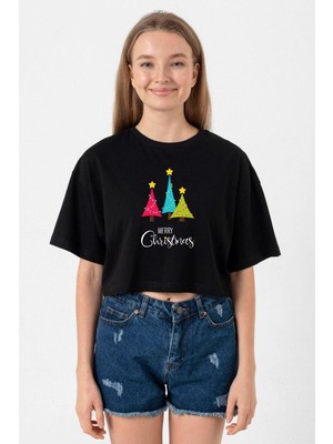 Merry Christmas Siyah Kadın Crop Tshirt