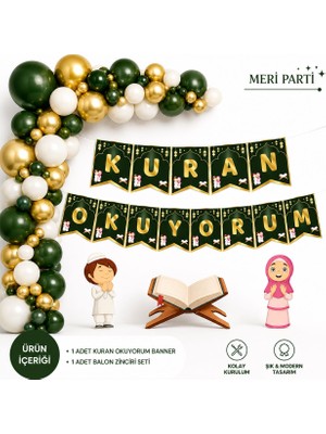 Meri Parti Kuran Okuyorum Balon Zinciri Seti 50 Parça Banner Ilk Kur’an Hatim Merasimi Parti Süsü