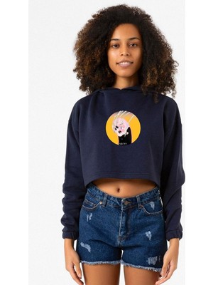Tshirthane Meovv Meow Lacivert Kadın Crop Kapşonlu