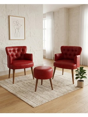 Kayser Home Kırmızı 2’li Berjer Seti Puflu Deri Kumaş Modern Oturma Seti Ceviz Ahşap Ayaklı