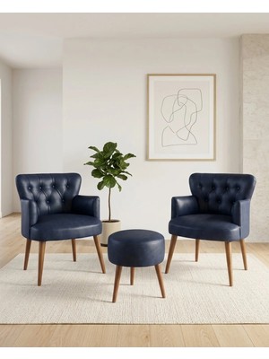 Kayser Home Lacivert 2’li Berjer Seti Puflu Deri Kumaş Modern Oturma Seti Ceviz Ahşap Ayaklı