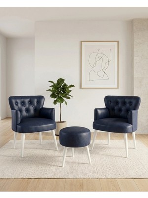 Kayser Home Lacivert 2’li Berjer Seti Puflu Deri Kumaş Modern Oturma Seti Beyaz Ahşap Ayaklı