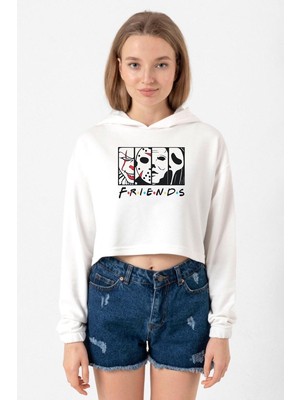Tshirthane Horror Character Friends Ekru Kadın Crop Kapşonlu