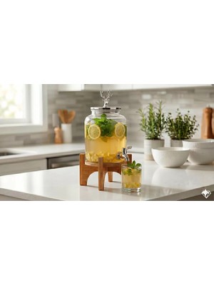 Esplendor Geyik Figürlü Gümüş Lüks Cam Içecek Sebili - 3.6 Litre Bambu Standlı Meyve Suyu Kovası