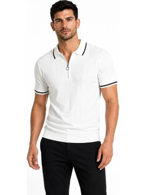 Defy Moda Erkek Fitilli Triko T-Shirt Polo Yaka Yarım Fermuarlı Kısa Kollu Tişört - Beyaz