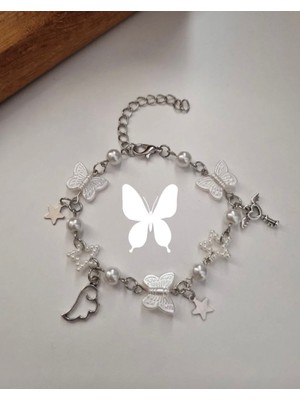 Glactuca Craft White Butterfly And Pearly Charm Bileklik Y2K