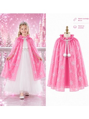 Kuhi Mey Ithalat® Kar Tanesi Desenli Pembe Elsa Pelerini - Astarlı Frozen Pelerini 85 cm