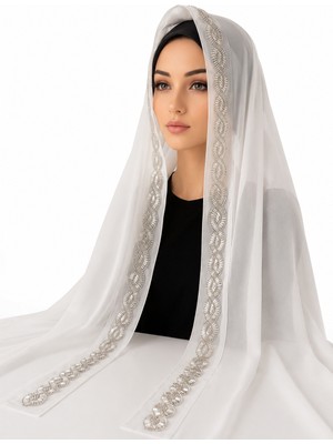 Ceylan Collection Mevlüt Örtüsü - Beyaz Boncuk Işlemeli Özel Tasarım Şifon Mevlüt Örtüsü 75×150