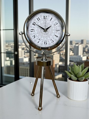 Kuhi Krom Motif Tasarım Üç Ayaklı Metal Masa Saati