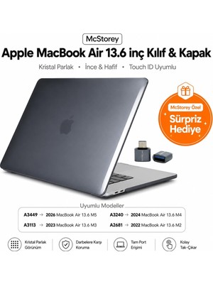 MacBook Air 13.6 Inç M2 M3 M4 M5 Uyumlu Sert Kılıf | Ultra Şeffaf Hard Case – A2681 A3113 A3240 A3449 Tam Uyum Ince Hafif Koruma Siyah