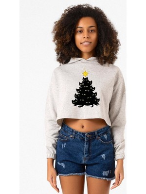 Tshirthane Meowy Christmas Beyaz Kırçıllı Kadın Crop Kapşonlu