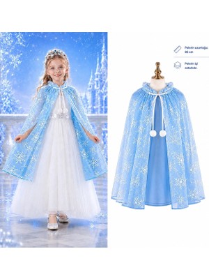 Kuhi Mey Ithalat® Kar Tanesi Desenli Mavi Elsa Pelerini - Astarlı Frozen Pelerini 85 cm