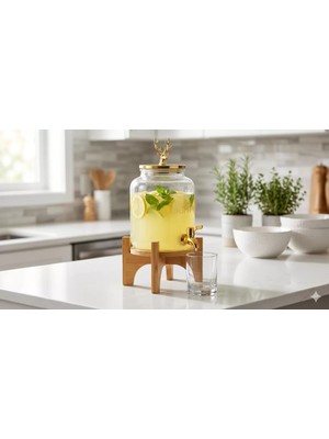 Esplendor Geyik Figürlü Gold Lüks Cam Içecek Sebili - 3.6 Litre Bambu Standlı Meyve Suyu Kovası