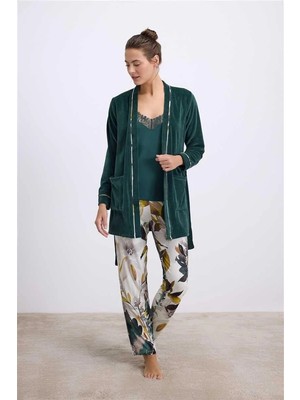 Renas Store Kadife Sabahlık, Dantelli Atlet ve Desenli Pantolon Pijama Takımı