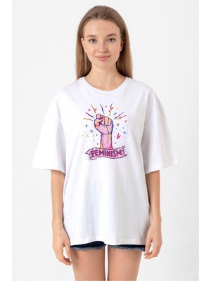 Colorful Feminism Hand Beyaz Kadın Oversize Tshirt