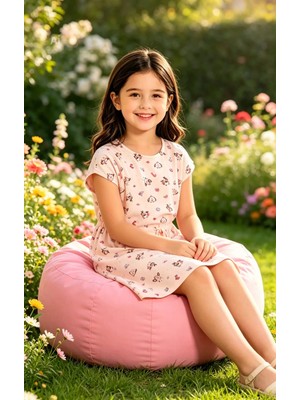 NiCe İç Giyim Kız Çocuk Açık Şeftali Renk Kuş Desen Kısa Kol Pamuklu Penye Gecelik & Elbise