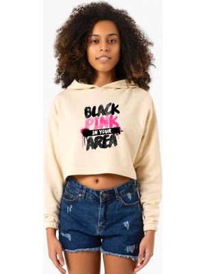 Tshirthane Black Pink In Your Area Bej Kadın Crop Kapşonlu