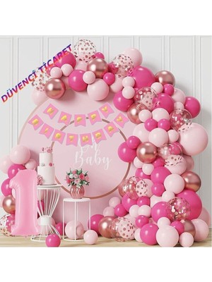 Empressco Lüks 1 Yaş Doğum Günü Balon Seti Fuşya ve Pembe Renklerde