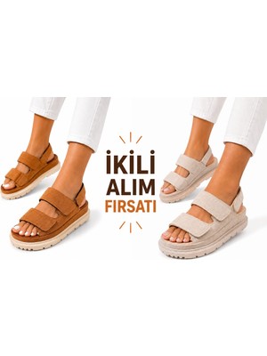 papucumun dünyası Kadın Yüksek Taban (( 4cm) Çift Bantlı Rahat Şık Konforlu Sandalet