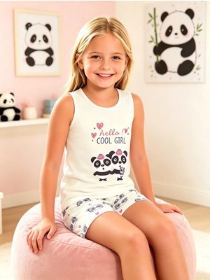 NiCe İç Giyim Kız Çocuk Ekru Renk Sevimli Panda Desen Atlet & Şort Pijama Takım Pamuklu Penye