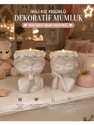 Yasmella Home Ikili Kız Figürlü Dekoratif Mumluk Seti | Tealight Mum Hediyeli