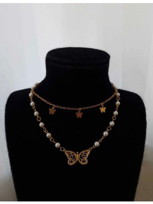 Glactuca Craft Gold Butterfly Pearly Kolye Y2K