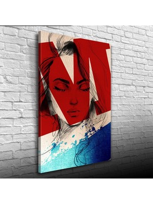 İşsevenler Kadın Silueti, Kırmızı. Mavi ve Beyaz Tonlarda, Kanvas Tablo 50 x 70