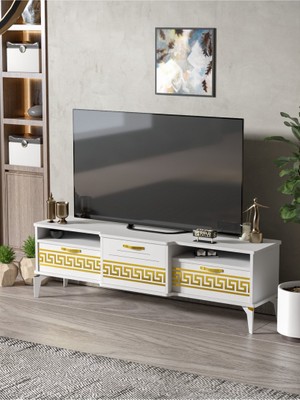 İşsevenler Tv Sehpası Tv Ünitesi 160 Cm Gold Beyaz Mistral 5072