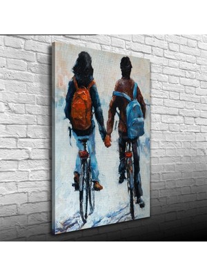 İşsevenler Elele Bisiklet Süren Sevgililer Yağlıboya Kanvas Tablo 50 x 70
