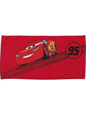Taç Lisanslı Disney Cars Mcqueen Plaj Havlusu Kırmızı Araba Desenli 75X150 cm %100 Pamuk
