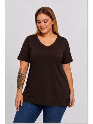 Sea Moda Büyük Beden V Yaka Yırtmaçlı Pamuk Basic Tshirt-Kahve