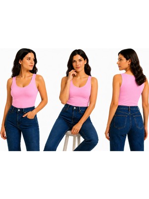 İngegno Body Geniş Bisiklet Yaka Sıfır Kol Viskon Örme Ring Kumaş Body Kadın Gül Pembe Renk