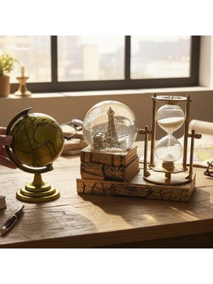 Keyfim Shop  Kişiye Özel Dekoratif Dünya Küresi Kum Saati ve Eiffel Kuleli Kar Küresi Vintage Masaüstü Ofis Dekor Seti
