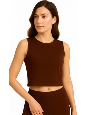 İngegno Body Bisiklet Yaka Sıfır Kol Crop %95 Viskon Ring Örme Kumaş Body