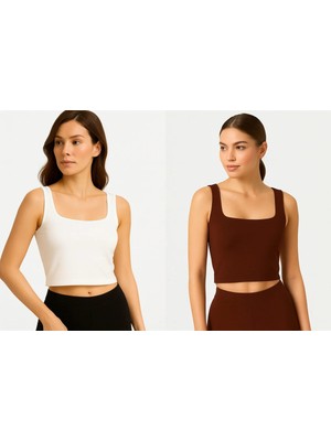İngegno Body Kadın Geniş Yaka Sıfır Kol Crop %95 Viskon Örme Ring Kumaş 2 Li Paket