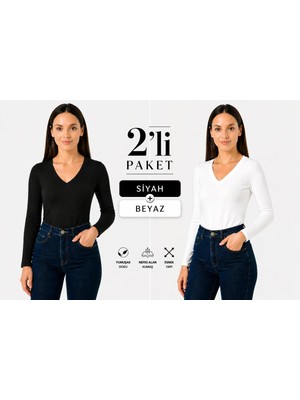 İngegno Body V Yaka Uzun Kol Viskon Örme Kumaş Badi 2 Li Paket Siyah ve Beyaz