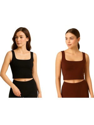 İngegno Body Kadın Geniş Yaka Sıfır Kol Crop %95 Viskon Örme Ring Kumaş 2 Li Paket