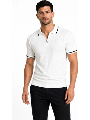 Zenviaa Erkek Fitilli Triko T-Shirt Polo Yaka Yarım Fermuarlı Kısa Kollu Tişört - Beyaz Zenviaa