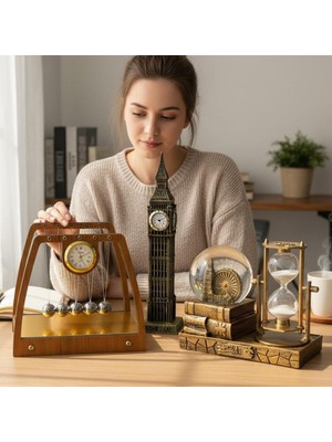 Keyfim Shop Kişiye Özel Vintage Dekoratif Masaüstü Seti Newton Denge Topları Big Ben Saat Kum Saati ve Kar Küresi Ofis Dekoru