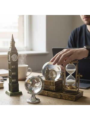 Keyfim Shop Kişiye Özel Dekoratif Big Ben Maketi Kum Saati Dünya Küresi Masaüstü Ofis Dekor Seti